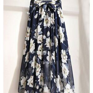 Navy Floral Tie-Waist Sheer Layer Skirt